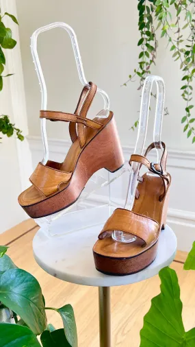1970s Leather & Wood Platform Sandals | size US 8