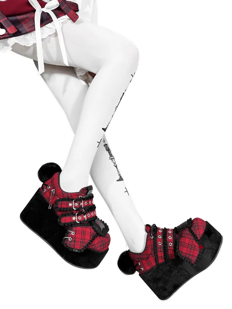 Bunny Shoes Dark Red Check Red All Platform