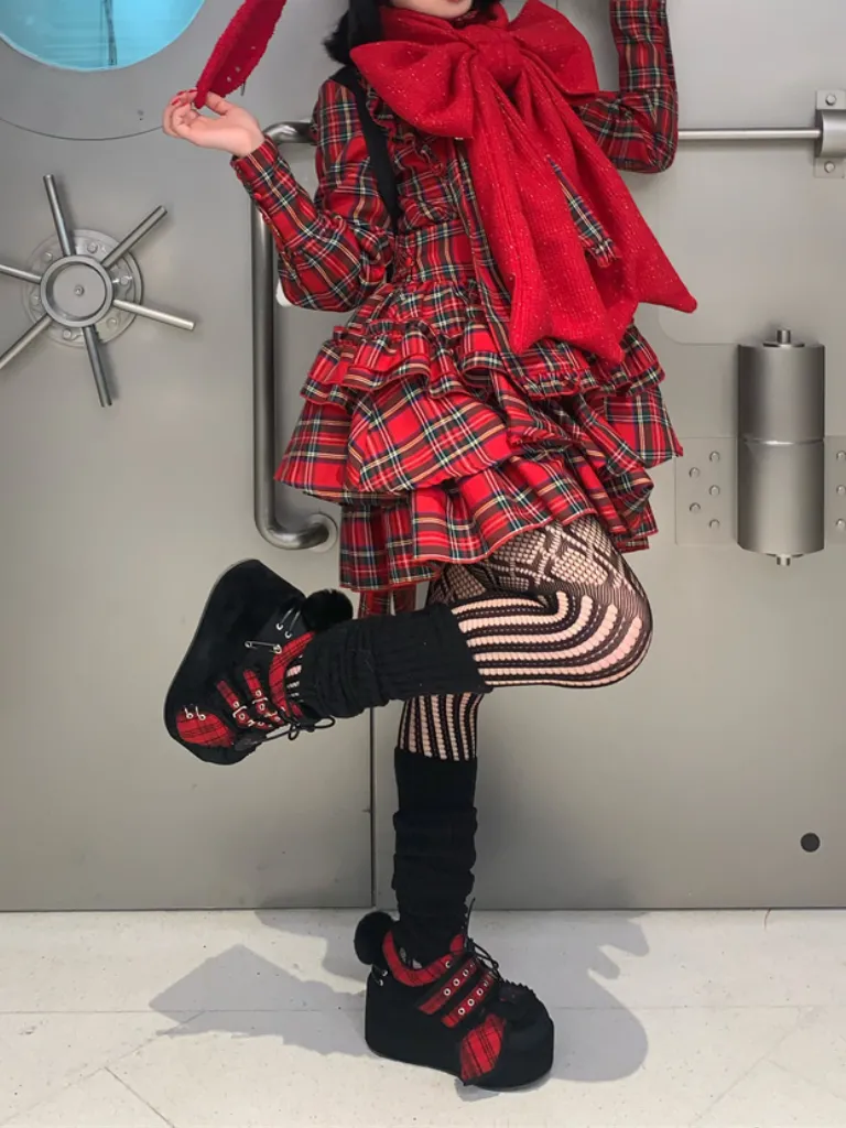 Bunny Shoes Dark Red Check Red All Platform