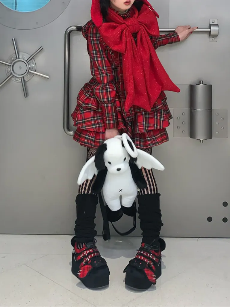 Bunny Shoes Dark Red Check Red All Platform